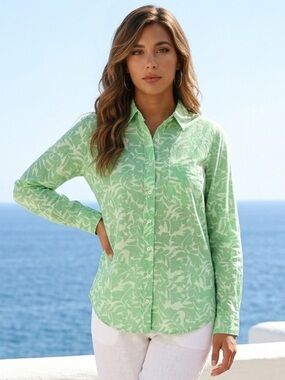 J CREW Shirt Top Button Down Green Boy Tropical Floral Neon Blouse Sz 00 #A6360